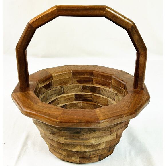 Handmade Other - Handcrafted Handmade Geometric Wooden Basket Planter w/ Handle 11.75”